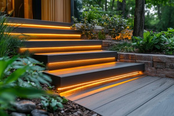 Illuminated outdoor steps leading to modern home, lush landscaping